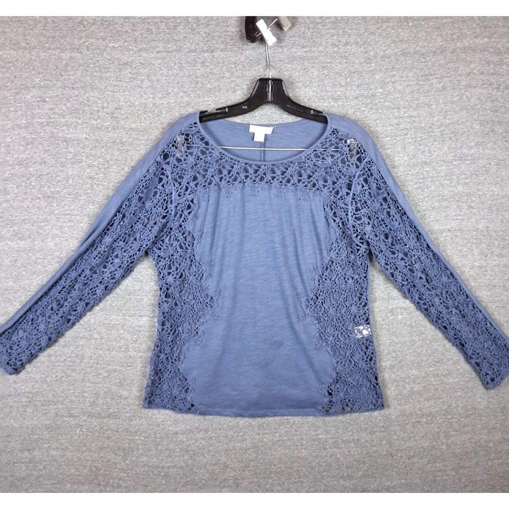Solitaire Shirt Womens Petite Large PL Blue Crocheted‎ Trim Pullover Boho Casual